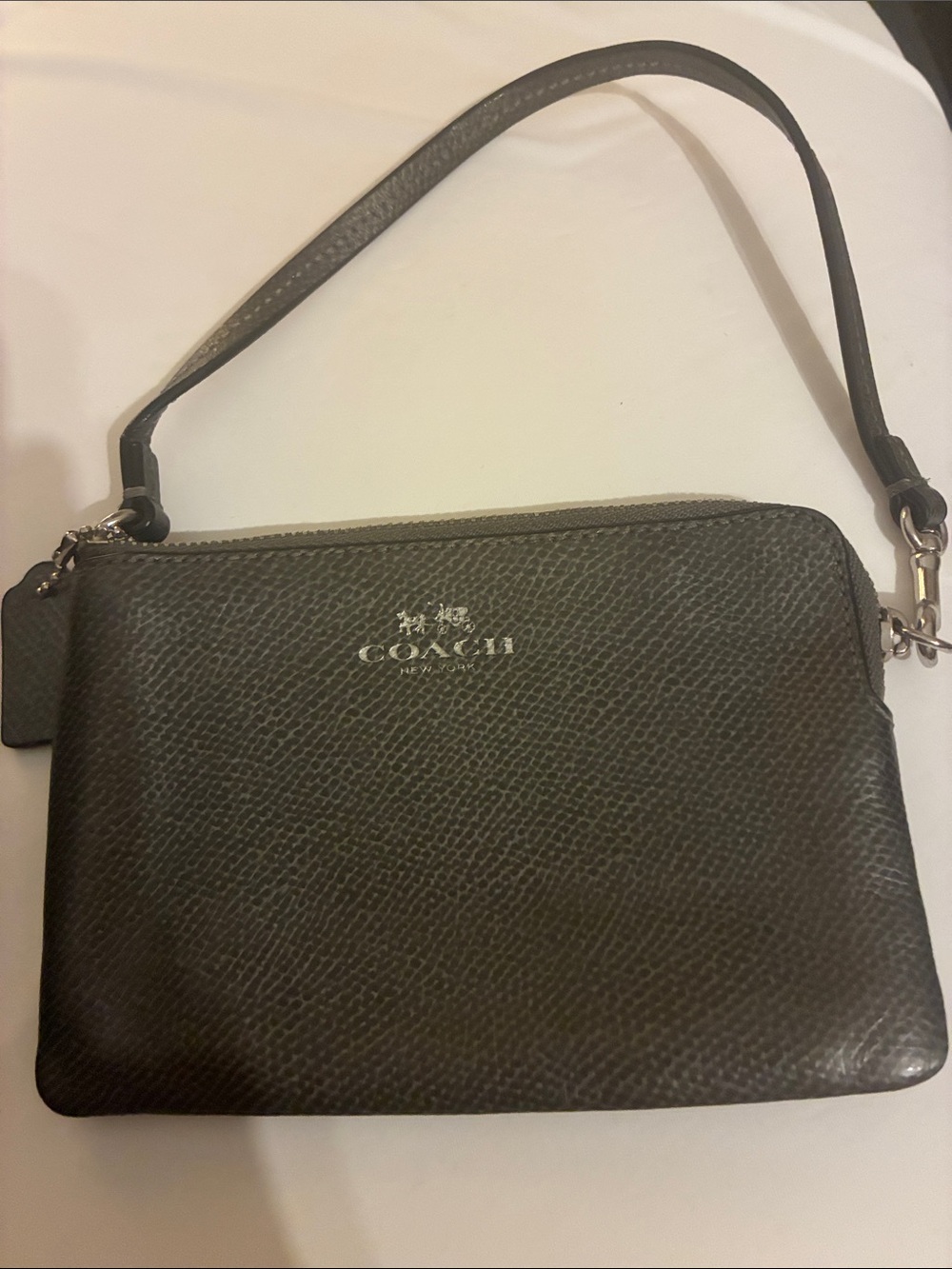 Coach unisex  Dark Brown Textured Leather Wristlet with Silver Logo